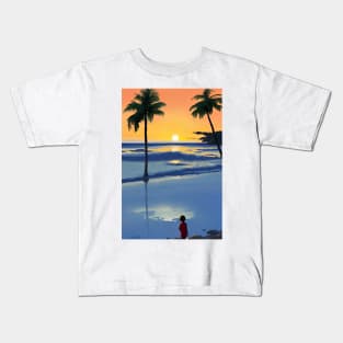 Summer Sunset Kid Palm Tree Beach Ocean Kids T-Shirt